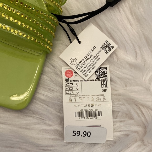 Zara Vinyl Lime Green Rhinestone Squared Toe High Heels Sandals Shoes - Picture 12 of 14